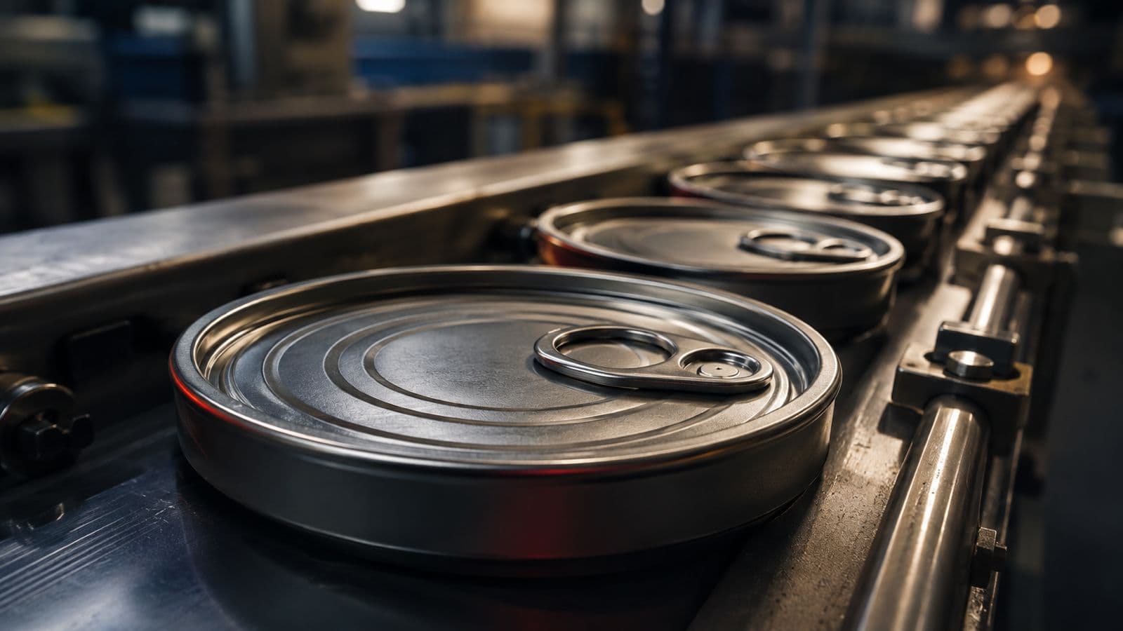 Tapas metálicas en una línea industrial ilustrativa