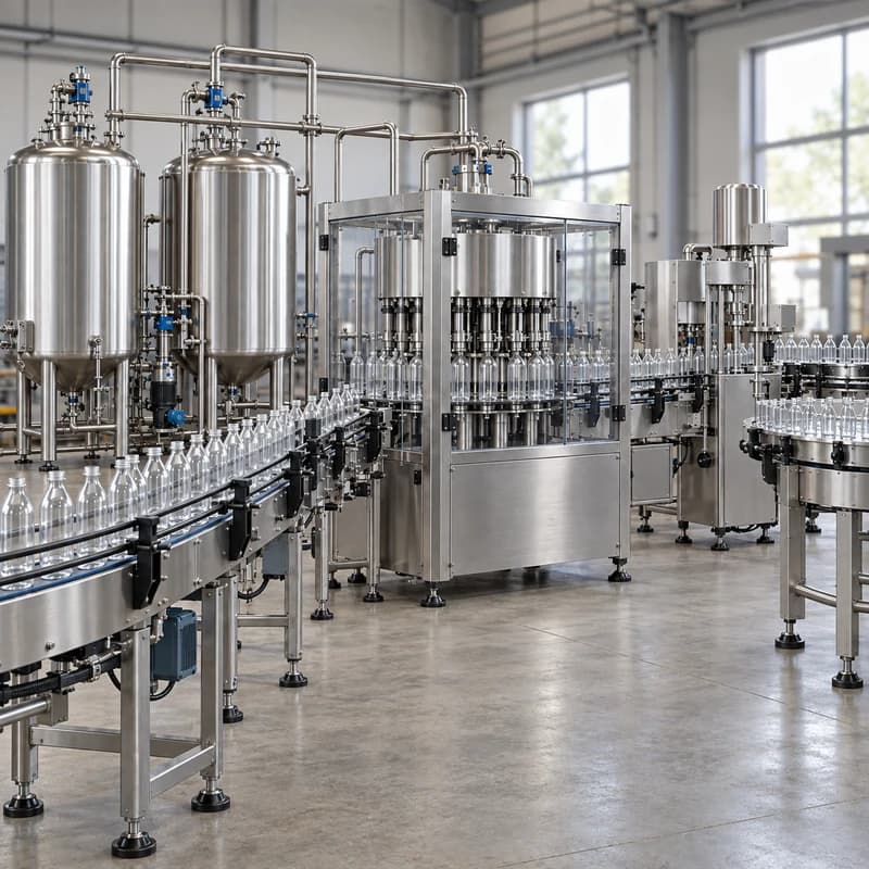 Imagen de referencia de una línea industrial de producción de bebidas con botellas y equipos de llenado.